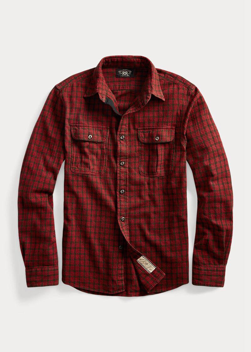 Camisas RRL Hombre Checked Cotton-Linen Work Chile Rojas TQCAD-8629